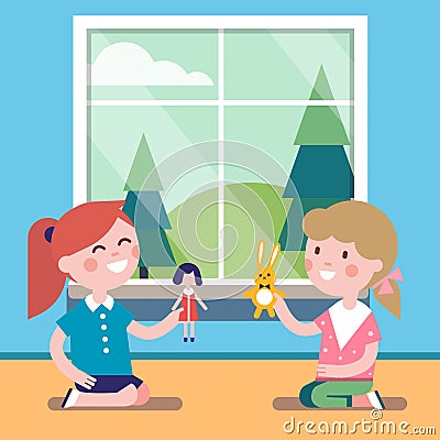 Two friends playing with toy dolls together Vector Illustration