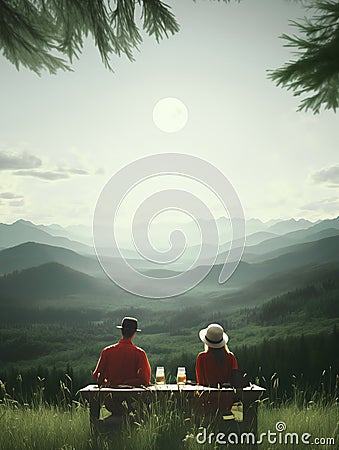 Two friends sitting at the picnic table with drinks, looking at the mountains in the distance. Generative AI Stock Photo