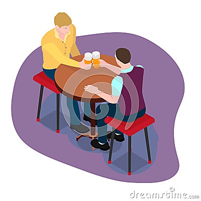 Two friends are sitting at the table and drinking beer. Vector Illustration