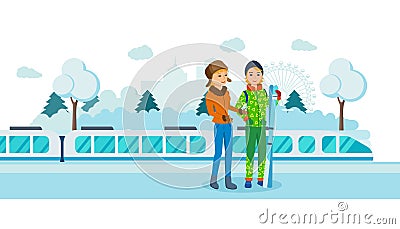 Two friends with skis at the railway winter station. Vector Illustration