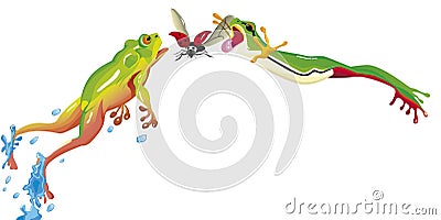 Two frogs are jumping to catch ladybug Vector Illustration