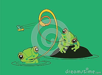 Two frogs in a pond trying to catch a fly Vector Illustration