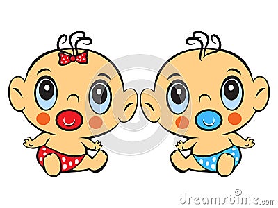 Two Funny baby sitting. Cute baby boy and girl sitting in a diaper isolated Vector Illustration