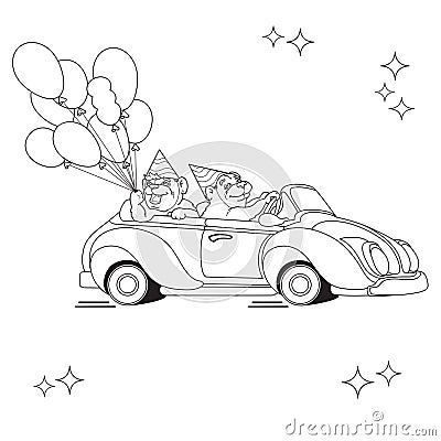 Two funny bears on toy car. Black line on white. Vector Illustration