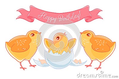Two funny cartoon chick congratulations newborn yellow chicken. Vector Illustration