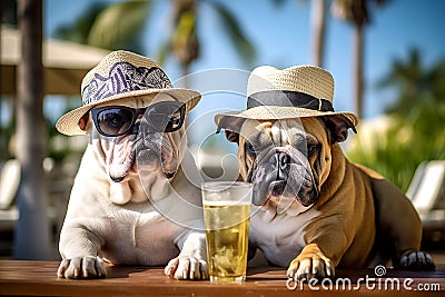 Two funny dogs wearing sun hats relax with a cold glass of beer on a tropical beach, generative ai Stock Photo