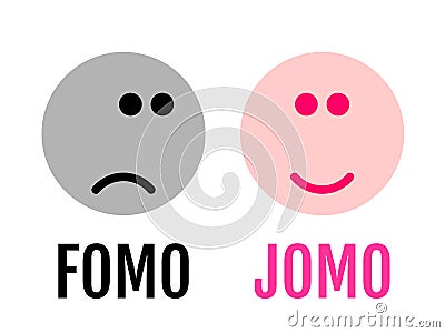 Two funny emojis showing the difference between FOMO and JOMO. JOMO means Joy Of Missing Out. FOMO means Fear Of Missing Out. Stock Photo