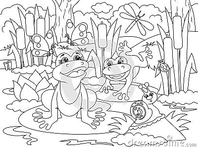 Two funny frogs in the swamp. Nature forest, insects. Animals cartoon. Coloring page outline of cartoon. Cartoon Illustration