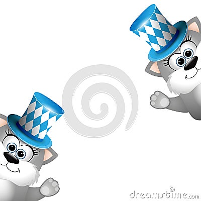 Two funny gray cats in a bavarian hat. Card for Oktoberfest. Vector Illustration