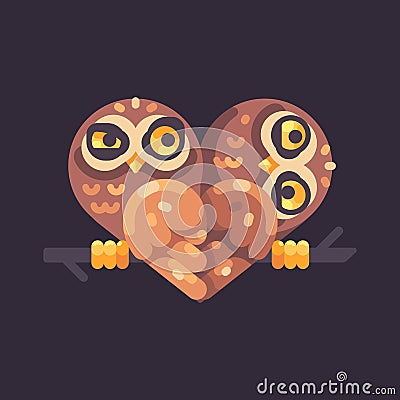 Two funny owls on a branch in the shape of a heart. Valentine`s Day flat illustration Vector Illustration
