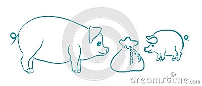 Two funny pigs with money sack line art vector illustration in doodle style Vector Illustration