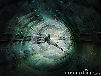 Space fighters pursuit inside the tunel Stock Photo