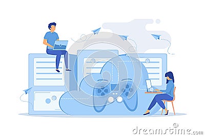 Two gamers playing computer connected with joystick. Vector Illustration