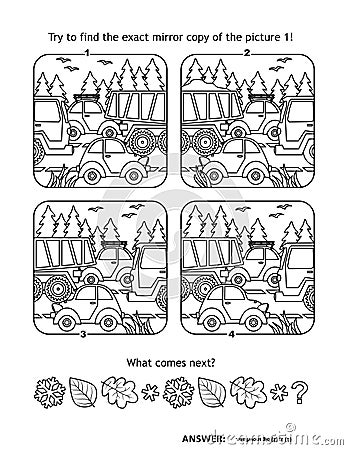 Two games for kids. Cars and trucks on the road. Autumn leaves and snowflakes. Mirrored images. Sequential pattern recognition. Vector Illustration