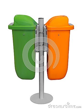 Two garbage cans orange and green on white. Stock Photo
