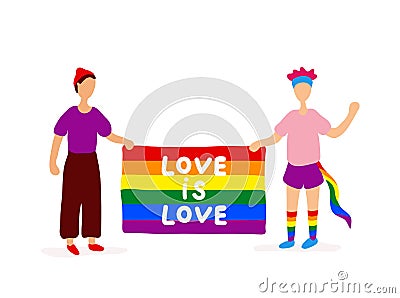 Two gays holding rainbow flag Vector Illustration