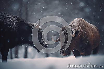 Two giant brown bulls in wintertime. Generate ai Stock Photo