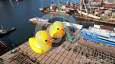 two giant Rubber duckie in hong kong Editorial Stock Photo