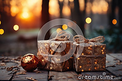 Two gift boxes with a Christmas ball on a sunset background. Festive landscape, banner Stock Photo