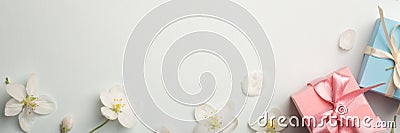 Two gifts surrounded by Apple white flowers. blue and pink presents. pretty background top view, copy space Stock Photo