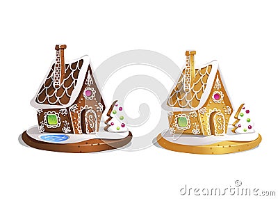 Two gingerbread houses. Cute hand drawn honey cakes. Traditional sweet Christmas treat. Colorful vector illustration. Vector Illustration