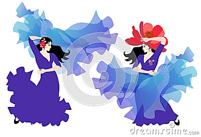 Two gipsy girls - flamenco dancers in long lilac-blue dresses posing with transparent manton in shape of flying birds Vector Illustration