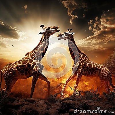 Two giraffes in the african savannah Made With Generative AI illustration Cartoon Illustration