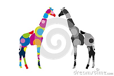 Two giraffes standing face to face. Colorful and gray Safari animals. Vector Illustration