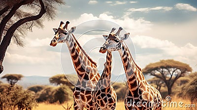Two giraffes standing next to each other in a field with trees and a sky with clouds in the background. Generative AI Stock Photo