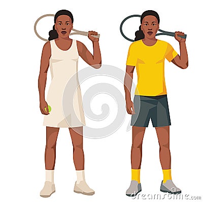 Two girl figures of black women's tennis player in a white dress and yellow sports uniform standing straig Vector Illustration