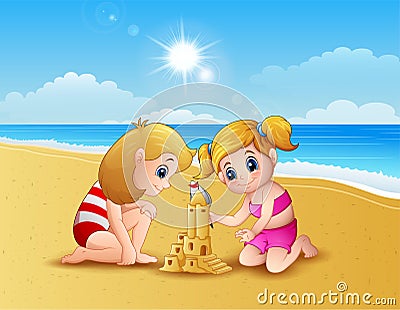 Two girl making sand castle at the beach Vector Illustration