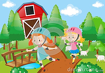 Two girl rollerskate in the farmyard Vector Illustration