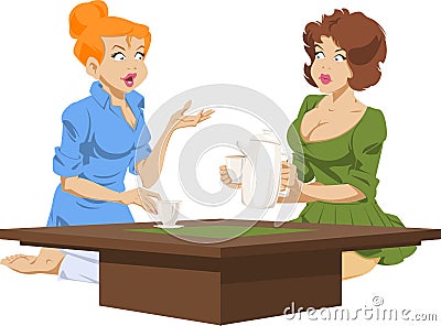 Two girlfriend girls are drinking tea or coffee and talking Vector Illustration