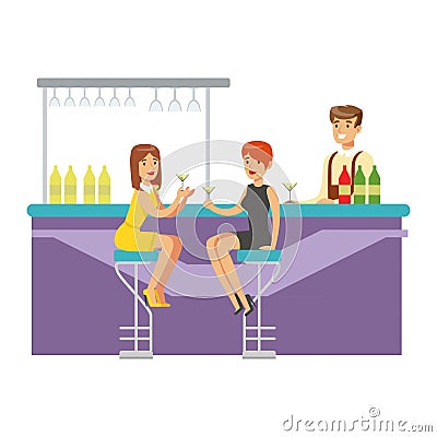 Two Girlfriends Drinking Cocktails At The Bar, Part Of People At The Night Club Series Of Vector Illustrations Vector Illustration