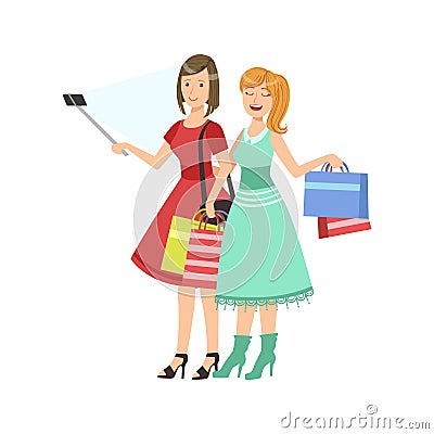 Two Girlfriends Shopping Taking Picture With Selfie Stick Illustration Vector Illustration