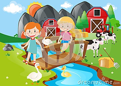 Two girls and animals by the river Cartoon Illustration