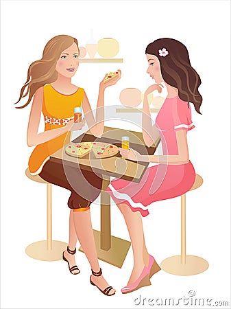 Two girls at a cafe Vector Illustration