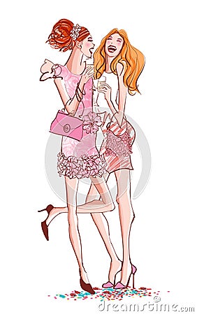 Two girls in a cocktail party laughing Vector Illustration