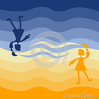 Two girls color the sky opposite each other. Could be a concept for the sun and moon, hot and cold, orange and blue, summer and Vector Illustration