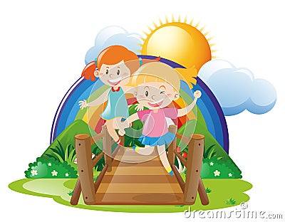 Two girls crossing bridge Vector Illustration