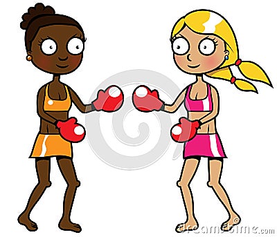 Two girls of different ethnicity boxing Vector Illustration