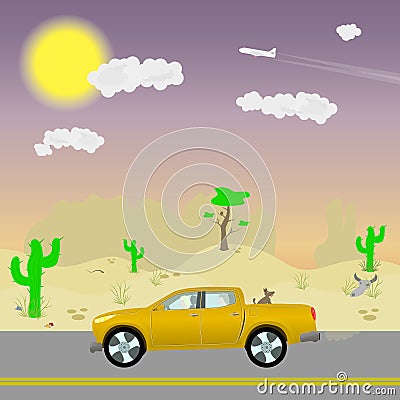 Two girls driving yellow pickup in the middle of prairies. Stock Photo