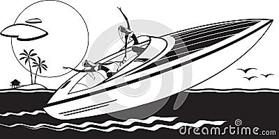 Two girls enjoying on yacht at sunset Vector Illustration