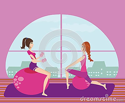 Two girls exercising with Pilates fit balls. Vector Illustration