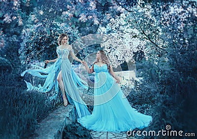 Two girls in fairy-blue, flying dresses in the wind, are walking through the spring garden. Two loving sisters of Stock Photo