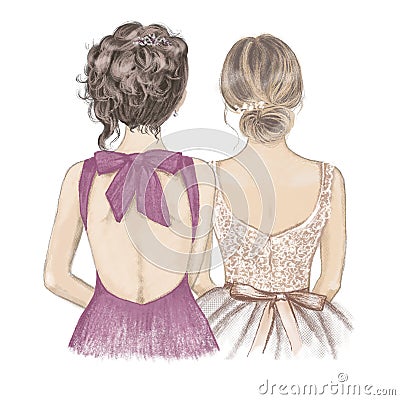 Two girls in fancy dresses side by side, back view. Soul sisters, maid of honor, bridesmaid Stock Photo