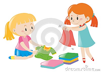 Two girls folding clothes Vector Illustration