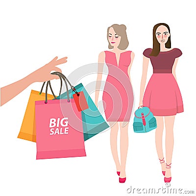 Two girls friends walking shopping bring bag big sale customer illustration Vector Illustration