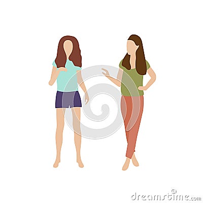 Two girls go and talk. Young women in summer clothes chatting. Conversation of two people walking. People talk Vector Illustration