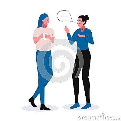 Two girls having a nice conversation. Vector illustration ot two smiling women standing and communicating about something. Concept Vector Illustration